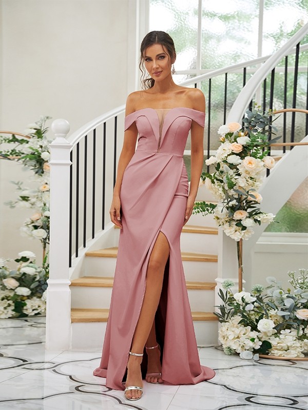 Sheath/Column Stretch Crepe Ruched Off-the-Shoulder Sleeveless Sweep/Brush Train Bridesmaid Dresses 3157