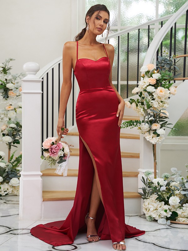 Sheath/Column Elastic Woven Satin Ruched Square Sleeveless Sweep/Brush Train Bridesmaid Dresses 2932