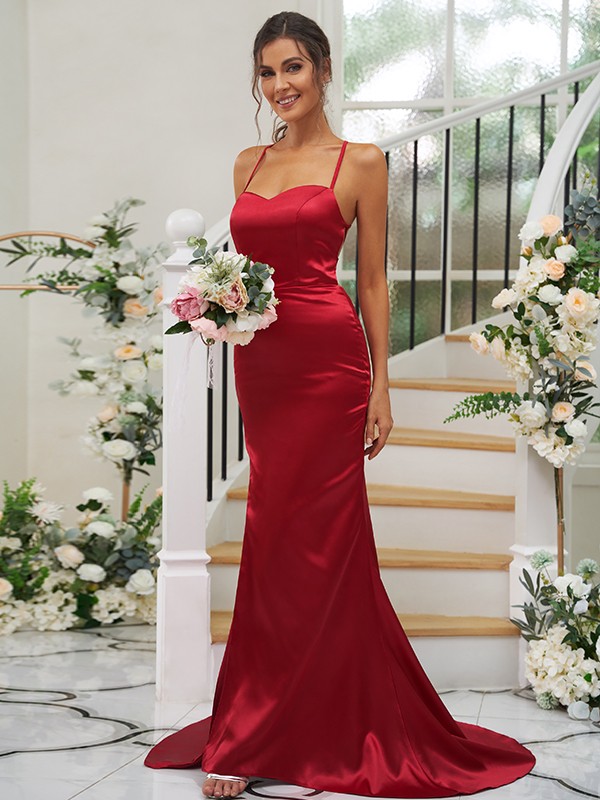 Sheath/Column Elastic Woven Satin Ruched Square Sleeveless Sweep/Brush Train Bridesmaid Dresses 2932