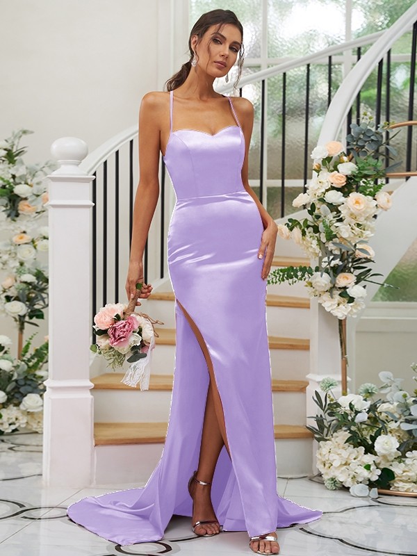 Sheath/Column Elastic Woven Satin Ruched Square Sleeveless Sweep/Brush Train Bridesmaid Dresses 2932