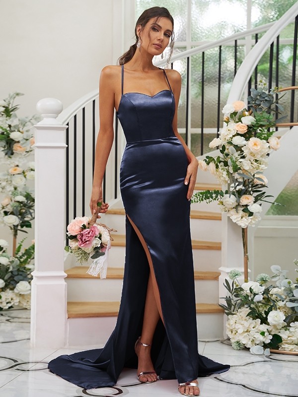 Sheath/Column Elastic Woven Satin Ruched Square Sleeveless Sweep/Brush Train Bridesmaid Dresses 2932