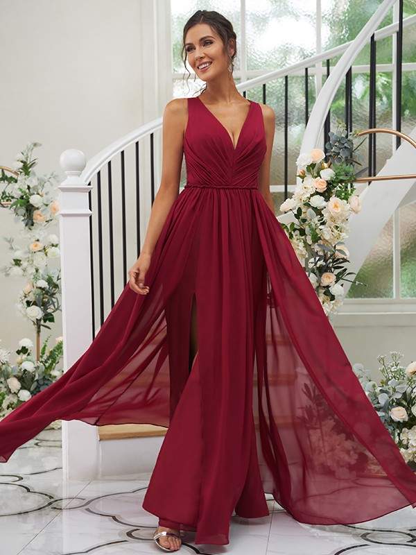 A-Line/Princess Chiffon Ruffles V-neck Sleeveless Floor-Length Bridesmaid Dresses 2232