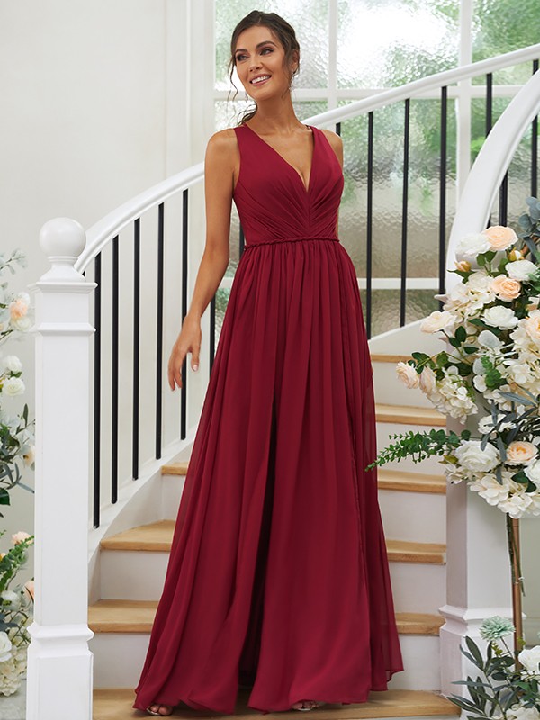 A-Line/Princess Chiffon Ruffles V-neck Sleeveless Floor-Length Bridesmaid Dresses 2232