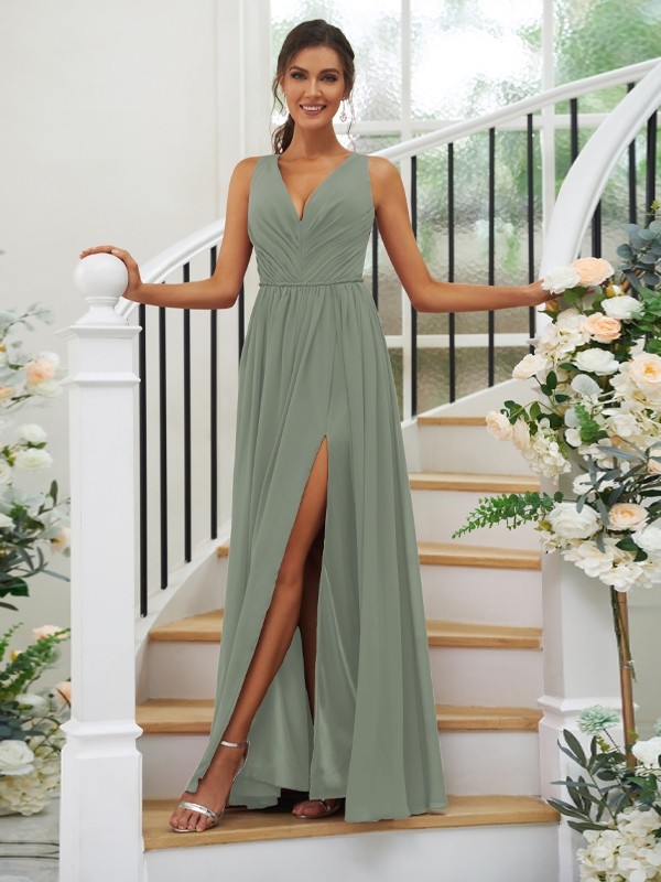 A-Line/Princess Chiffon Ruffles V-neck Sleeveless Floor-Length Bridesmaid Dresses 2232