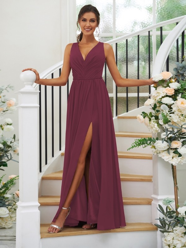 A-Line/Princess Chiffon Ruffles V-neck Sleeveless Floor-Length Bridesmaid Dresses 2232