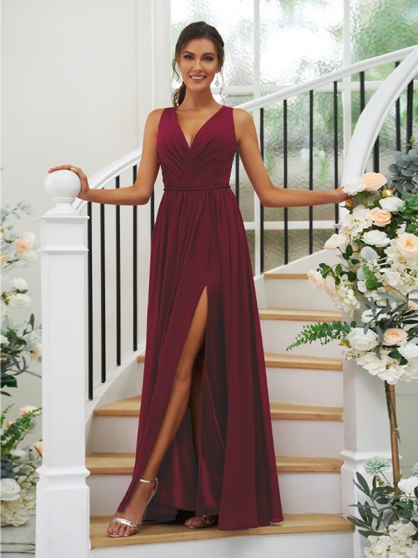 A-Line/Princess Chiffon Ruffles V-neck Sleeveless Floor-Length Bridesmaid Dresses 2232