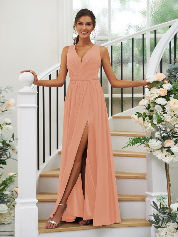 A-Line/Princess Chiffon Ruffles V-neck Sleeveless Floor-Length Bridesmaid Dresses 2232