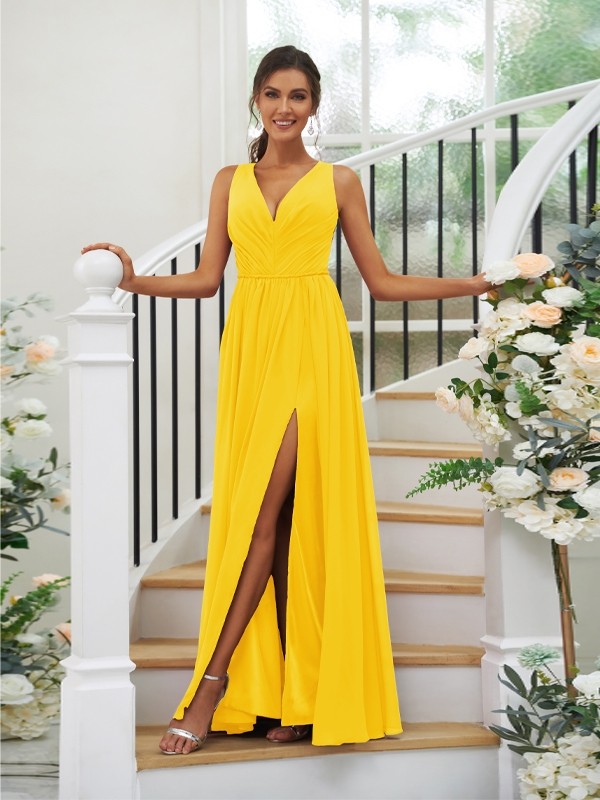 A-Line/Princess Chiffon Ruffles V-neck Sleeveless Floor-Length Bridesmaid Dresses 2232