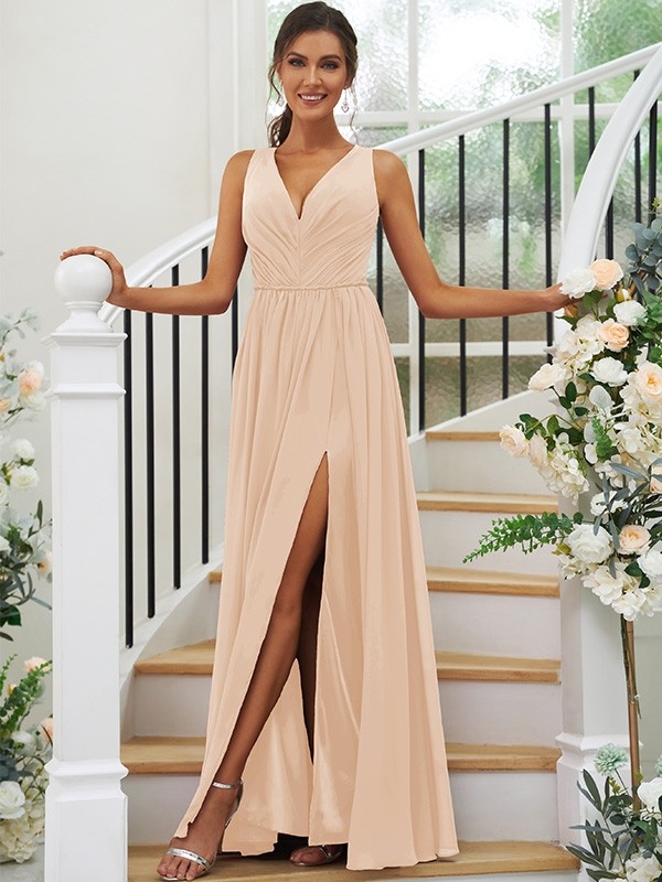 A-Line/Princess Chiffon Ruffles V-neck Sleeveless Floor-Length Bridesmaid Dresses 2232