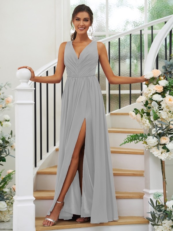 A-Line/Princess Chiffon Ruffles V-neck Sleeveless Floor-Length Bridesmaid Dresses 2232