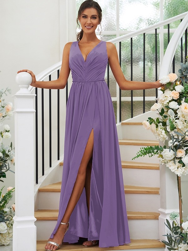 A-Line/Princess Chiffon Ruffles V-neck Sleeveless Floor-Length Bridesmaid Dresses 2232