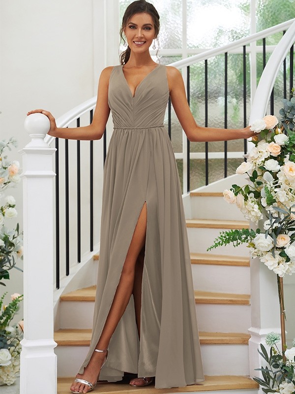 A-Line/Princess Chiffon Ruffles V-neck Sleeveless Floor-Length Bridesmaid Dresses 2232