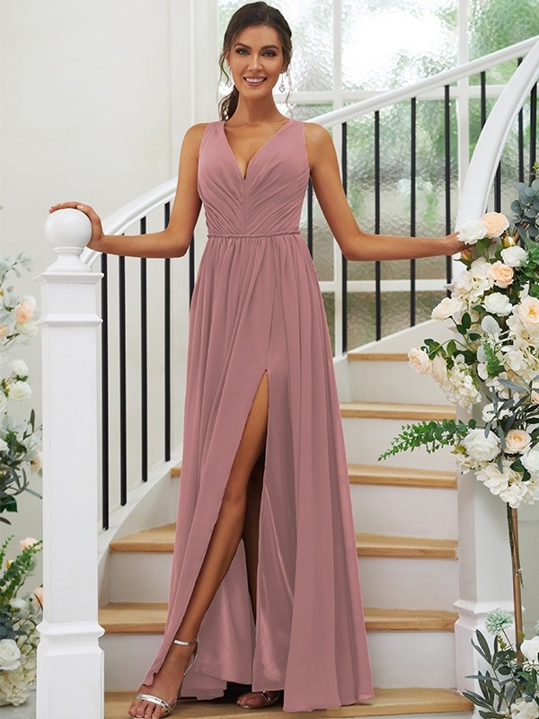 A-Line/Princess Chiffon Ruffles V-neck Sleeveless Floor-Length Bridesmaid Dresses 2232