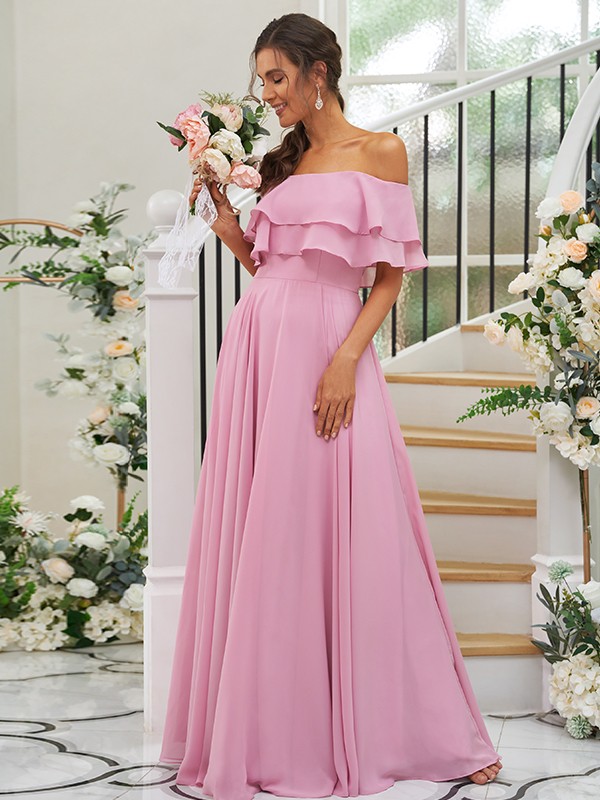 A-Line/Princess Chiffon Ruffles Off-the-Shoulder Sleeveless Floor-Length Bridesmaid Dresses 2199