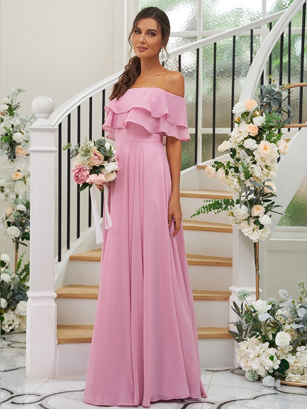 A-Line/Princess Chiffon Ruffles Off-the-Shoulder Sleeveless Floor-Length Bridesmaid Dresses 2199