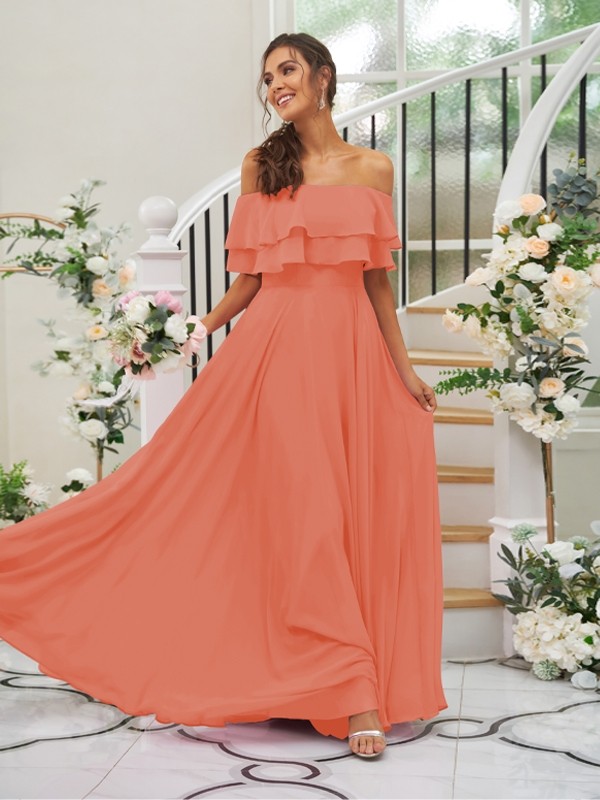 A-Line/Princess Chiffon Ruffles Off-the-Shoulder Sleeveless Floor-Length Bridesmaid Dresses 2199