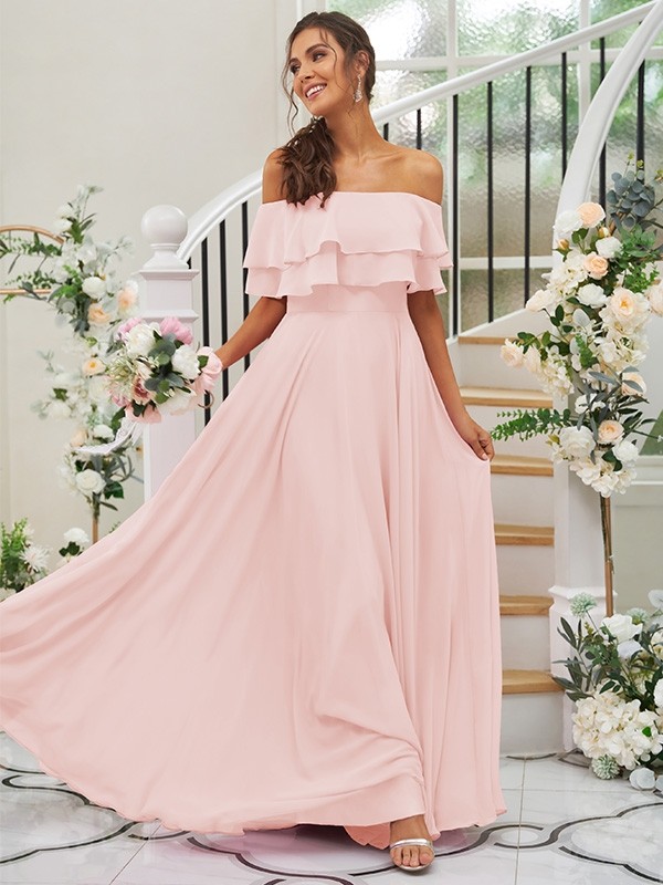 A-Line/Princess Chiffon Ruffles Off-the-Shoulder Sleeveless Floor-Length Bridesmaid Dresses 2199