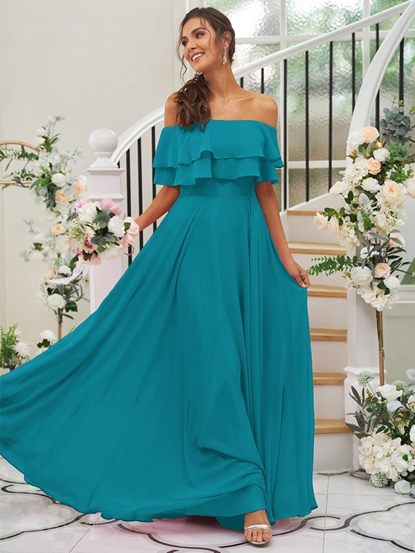 A-Line/Princess Chiffon Ruffles Off-the-Shoulder Sleeveless Floor-Length Bridesmaid Dresses 2199