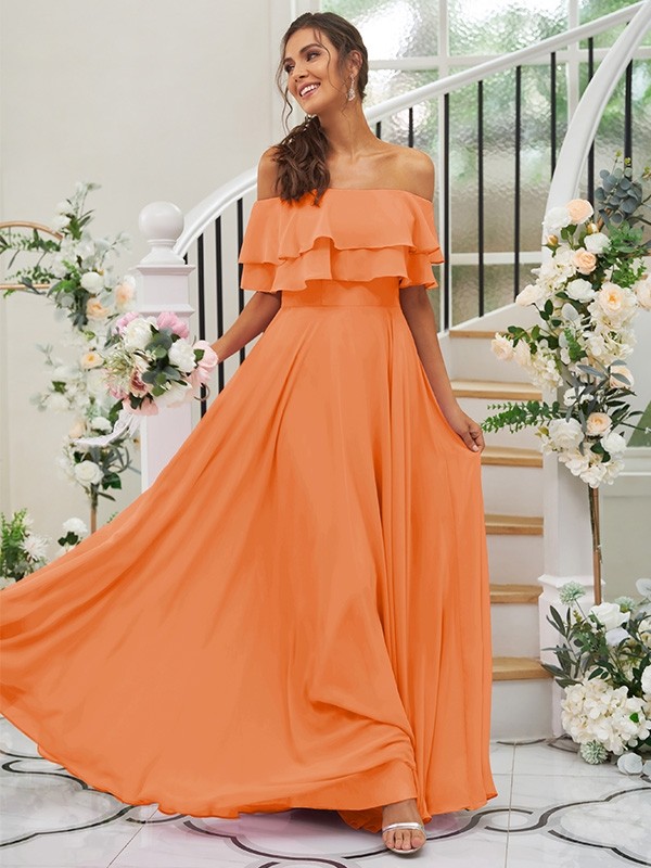 A-Line/Princess Chiffon Ruffles Off-the-Shoulder Sleeveless Floor-Length Bridesmaid Dresses 2199