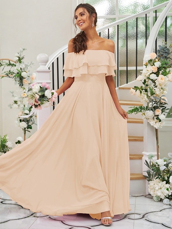 A-Line/Princess Chiffon Ruffles Off-the-Shoulder Sleeveless Floor-Length Bridesmaid Dresses 2199