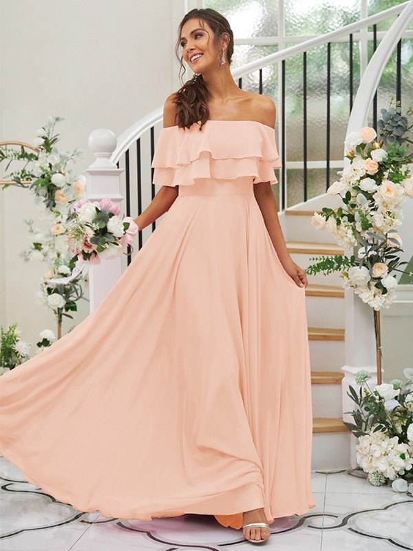 A-Line/Princess Chiffon Ruffles Off-the-Shoulder Sleeveless Floor-Length Bridesmaid Dresses 2199