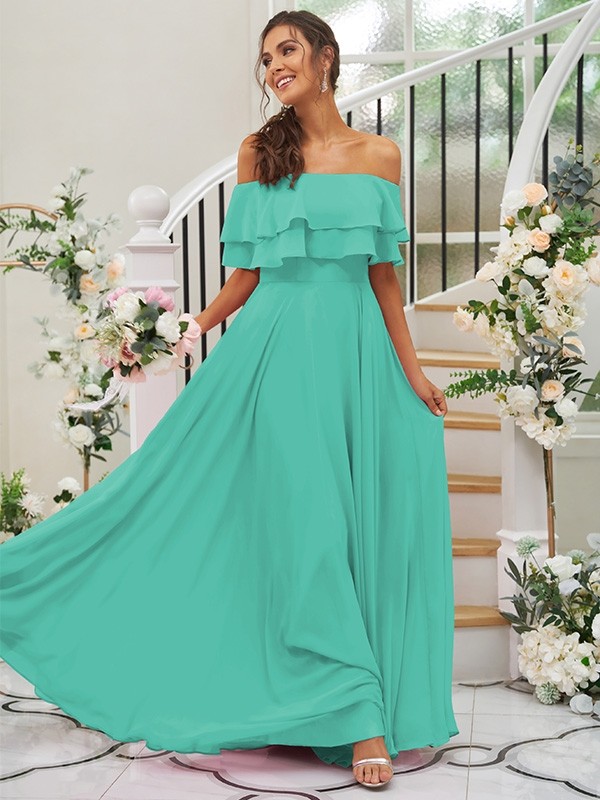 A-Line/Princess Chiffon Ruffles Off-the-Shoulder Sleeveless Floor-Length Bridesmaid Dresses 2199