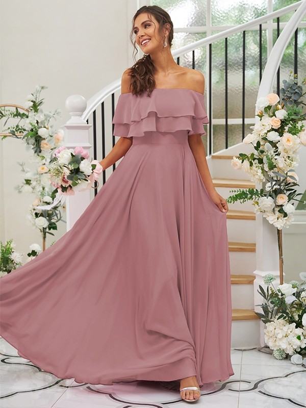 A-Line/Princess Chiffon Ruffles Off-the-Shoulder Sleeveless Floor-Length Bridesmaid Dresses 2199