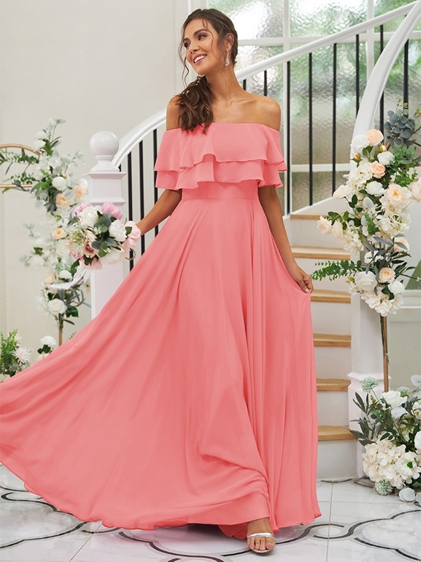 A-Line/Princess Chiffon Ruffles Off-the-Shoulder Sleeveless Floor-Length Bridesmaid Dresses 2199