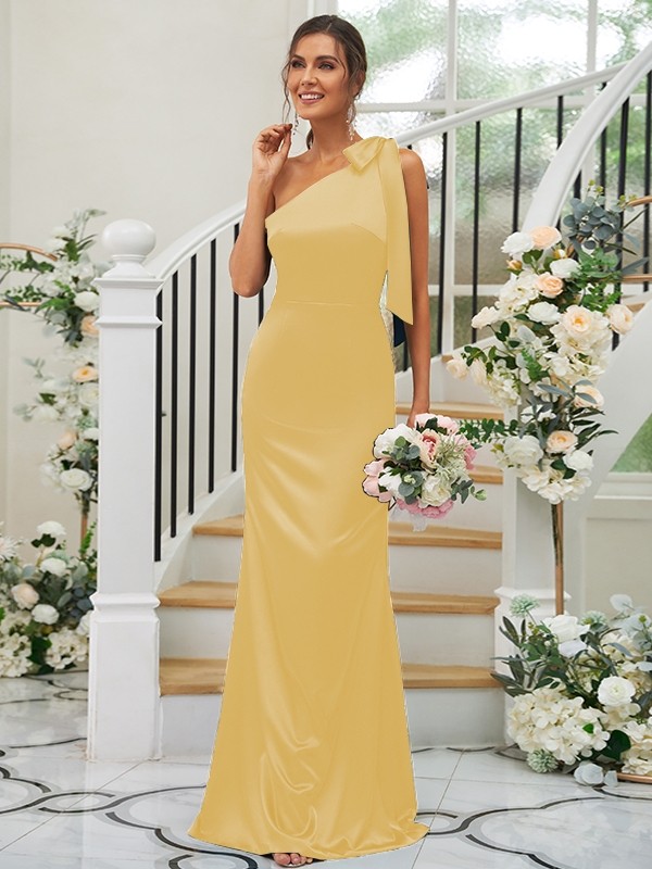 Sheath/Column Silk like Satin Bowknot One-Shoulder Sleeveless Floor-Length Bridesmaid Dresses 3052