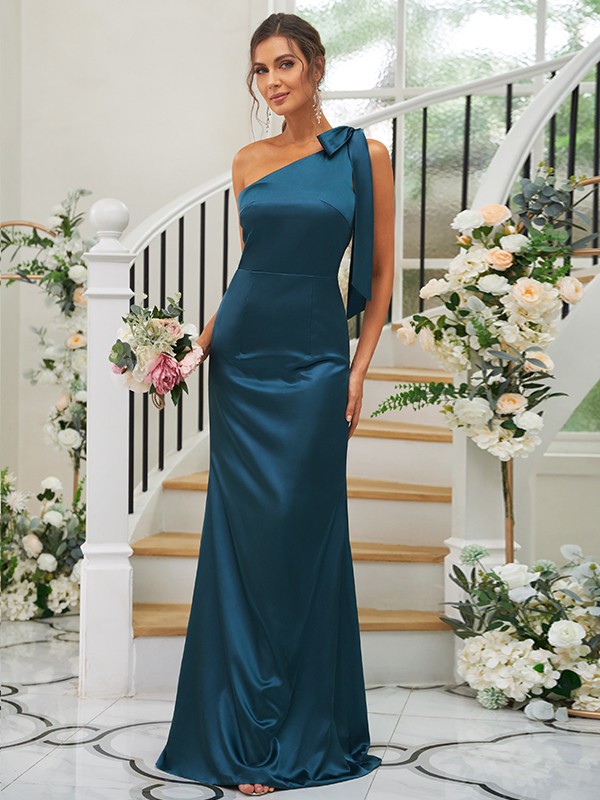 Sheath/Column Silk like Satin Bowknot One-Shoulder Sleeveless Floor-Length Bridesmaid Dresses 3052