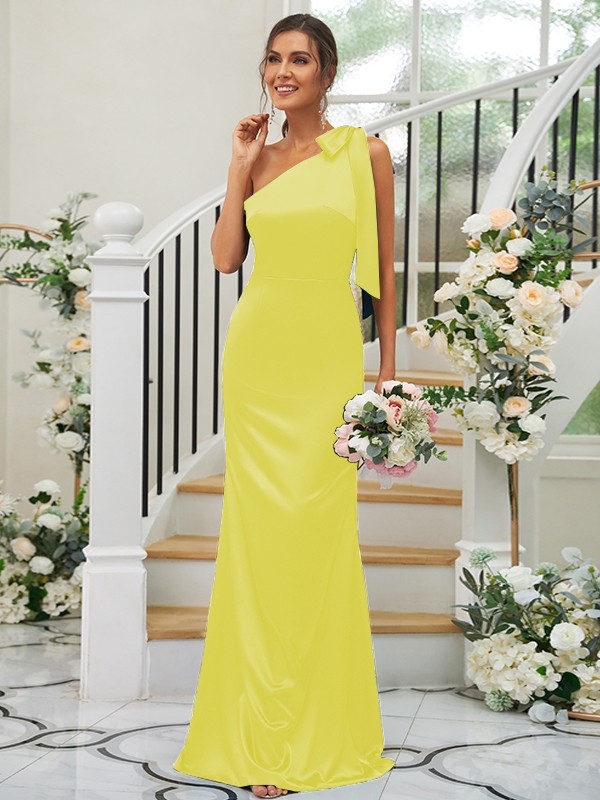 Sheath/Column Silk like Satin Bowknot One-Shoulder Sleeveless Floor-Length Bridesmaid Dresses 3052