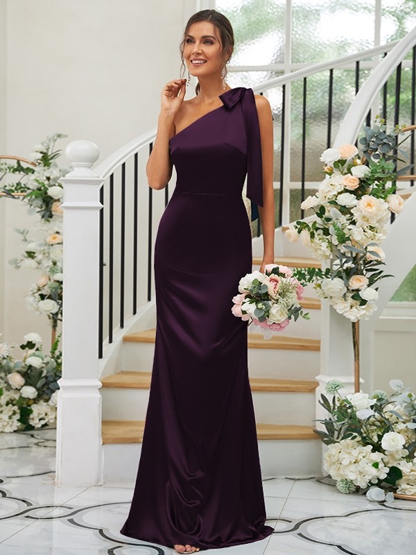 Sheath/Column Silk like Satin Bowknot One-Shoulder Sleeveless Floor-Length Bridesmaid Dresses 3052