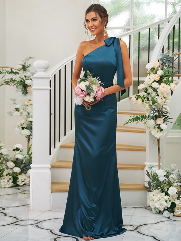 Sheath/Column Silk like Satin Bowknot One-Shoulder Sleeveless Floor-Length Bridesmaid Dresses 3052