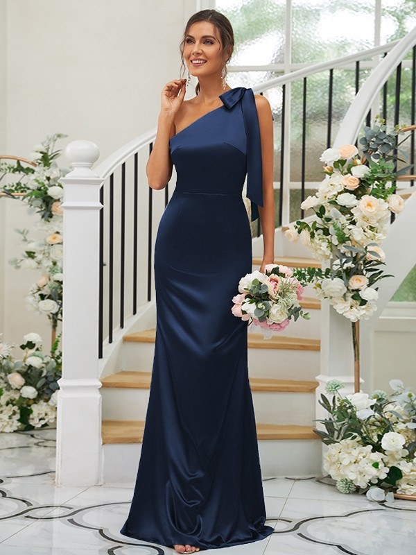 Sheath/Column Silk like Satin Bowknot One-Shoulder Sleeveless Floor-Length Bridesmaid Dresses 3052