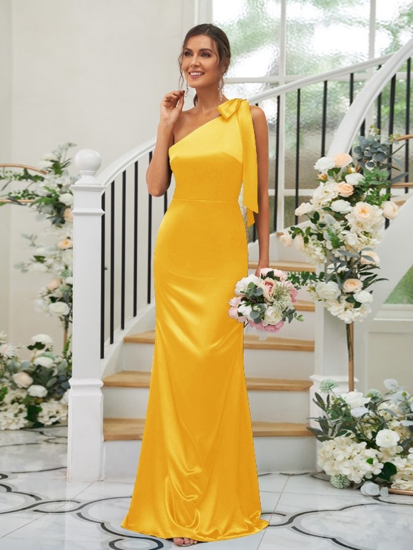 Sheath/Column Silk like Satin Bowknot One-Shoulder Sleeveless Floor-Length Bridesmaid Dresses 3052