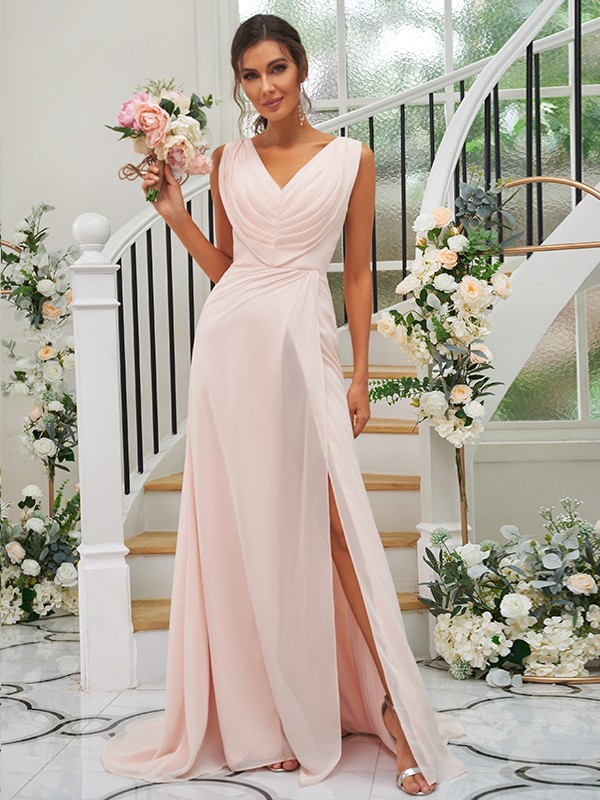 A-Line/Princess Chiffon Ruched V-neck Sleeveless Sweep/Brush Train Bridesmaid Dresses 2188