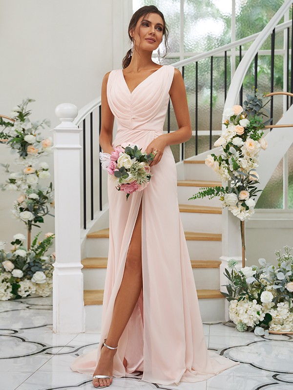 A-Line/Princess Chiffon Ruched V-neck Sleeveless Sweep/Brush Train Bridesmaid Dresses 2188