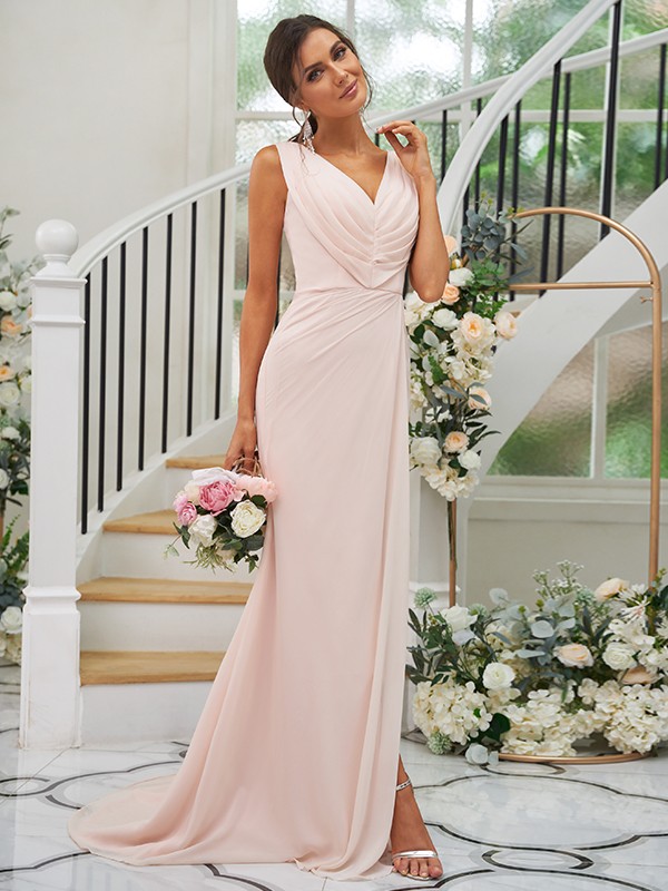 A-Line/Princess Chiffon Ruched V-neck Sleeveless Sweep/Brush Train Bridesmaid Dresses 2188