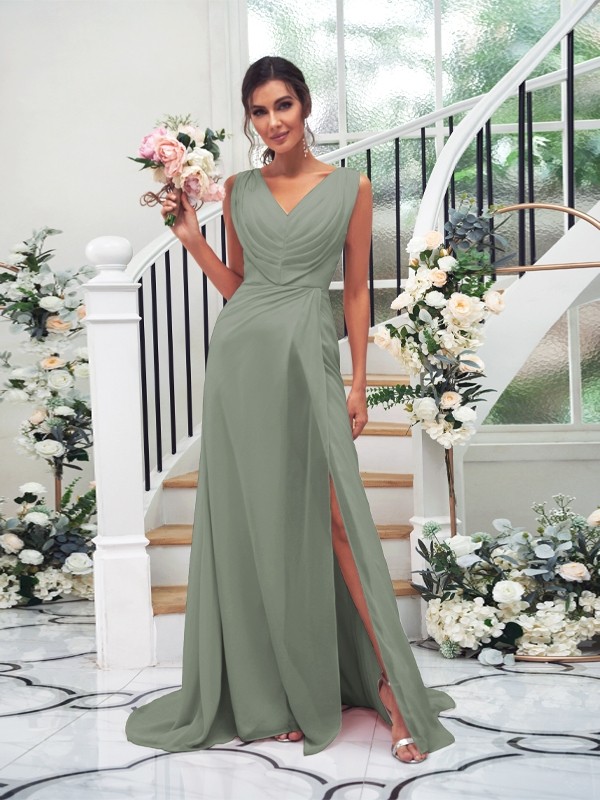 A-Line/Princess Chiffon Ruched V-neck Sleeveless Sweep/Brush Train Bridesmaid Dresses 2188