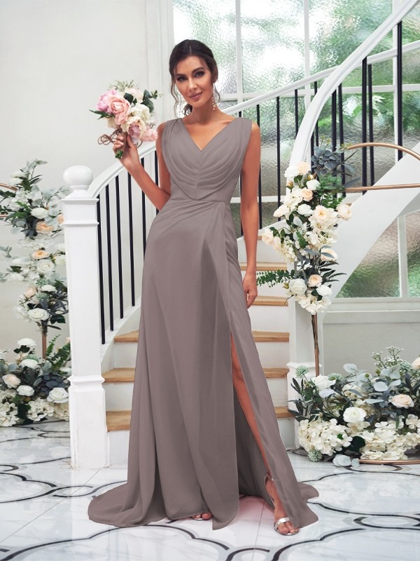 A-Line/Princess Chiffon Ruched V-neck Sleeveless Sweep/Brush Train Bridesmaid Dresses 2188