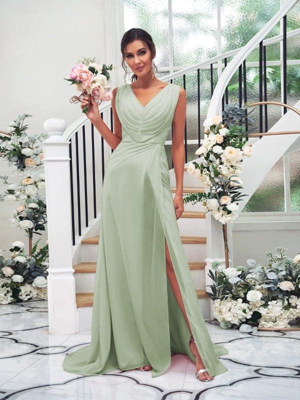 A-Line/Princess Chiffon Ruched V-neck Sleeveless Sweep/Brush Train Bridesmaid Dresses 2188