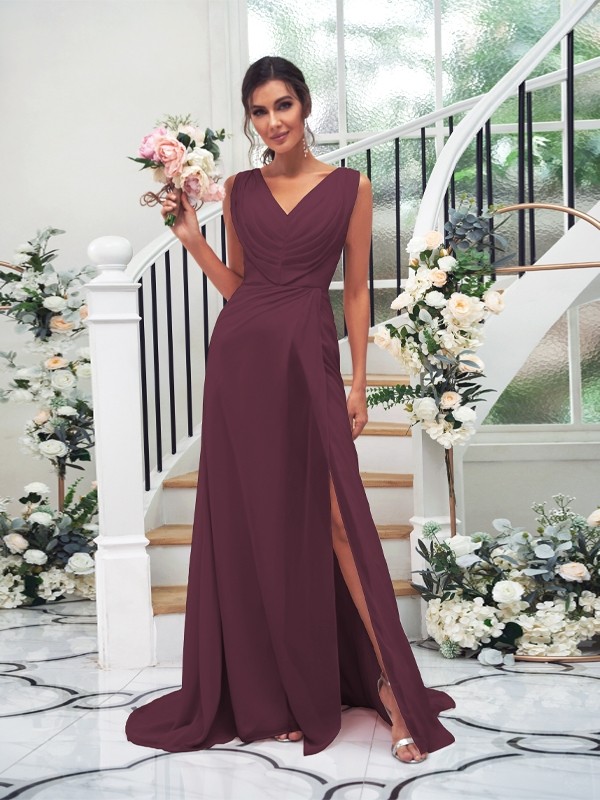 A-Line/Princess Chiffon Ruched V-neck Sleeveless Sweep/Brush Train Bridesmaid Dresses 2188