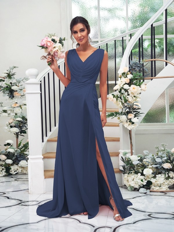 A-Line/Princess Chiffon Ruched V-neck Sleeveless Sweep/Brush Train Bridesmaid Dresses 2188