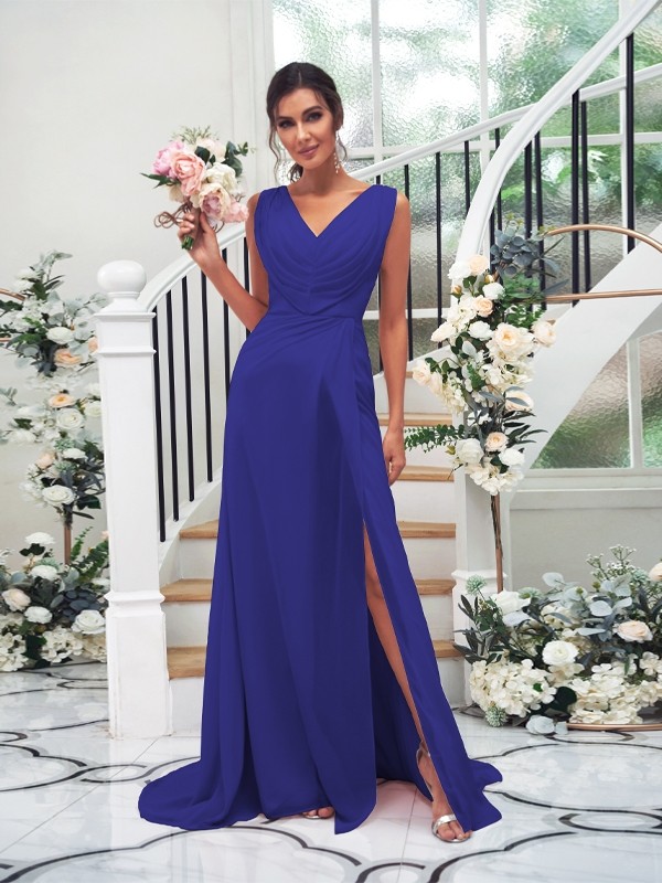 A-Line/Princess Chiffon Ruched V-neck Sleeveless Sweep/Brush Train Bridesmaid Dresses 2188