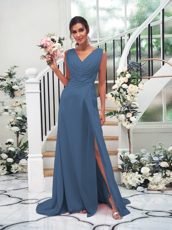 A-Line/Princess Chiffon Ruched V-neck Sleeveless Sweep/Brush Train Bridesmaid Dresses 2188