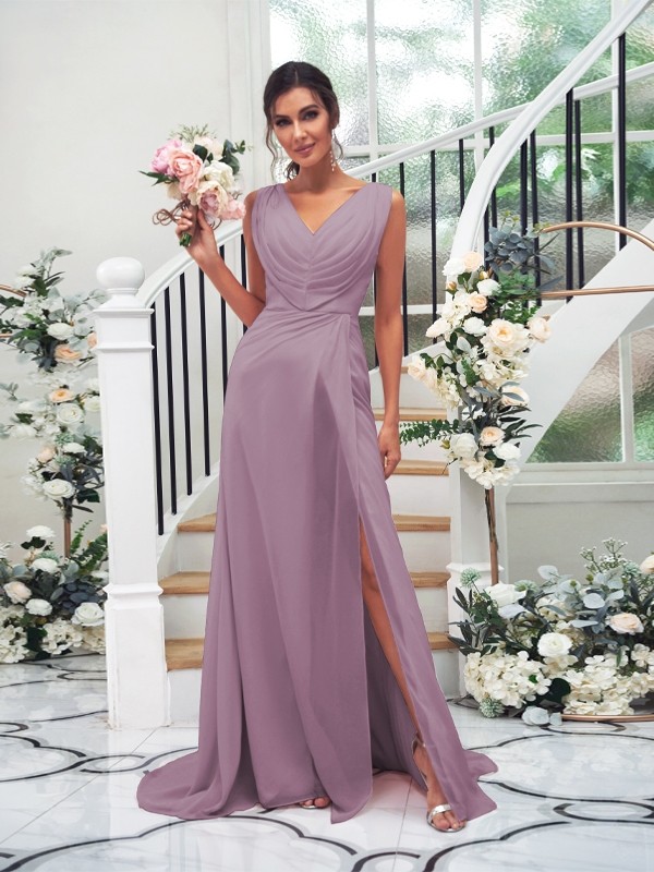 A-Line/Princess Chiffon Ruched V-neck Sleeveless Sweep/Brush Train Bridesmaid Dresses 2188