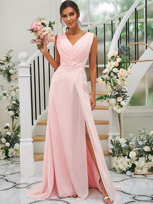 A-Line/Princess Chiffon Ruched V-neck Sleeveless Sweep/Brush Train Bridesmaid Dresses 2188