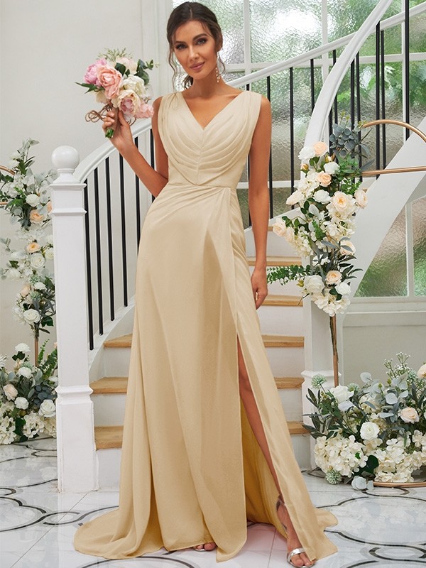 A-Line/Princess Chiffon Ruched V-neck Sleeveless Sweep/Brush Train Bridesmaid Dresses 2188