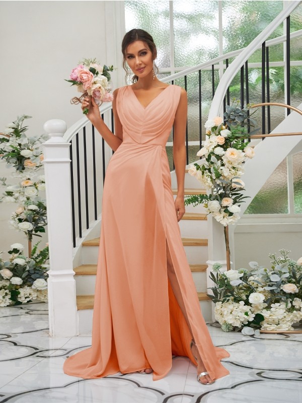 A-Line/Princess Chiffon Ruched V-neck Sleeveless Sweep/Brush Train Bridesmaid Dresses 2188