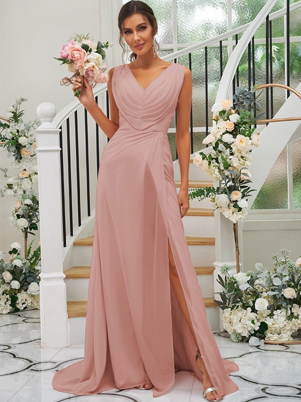 A-Line/Princess Chiffon Ruched V-neck Sleeveless Sweep/Brush Train Bridesmaid Dresses 2188